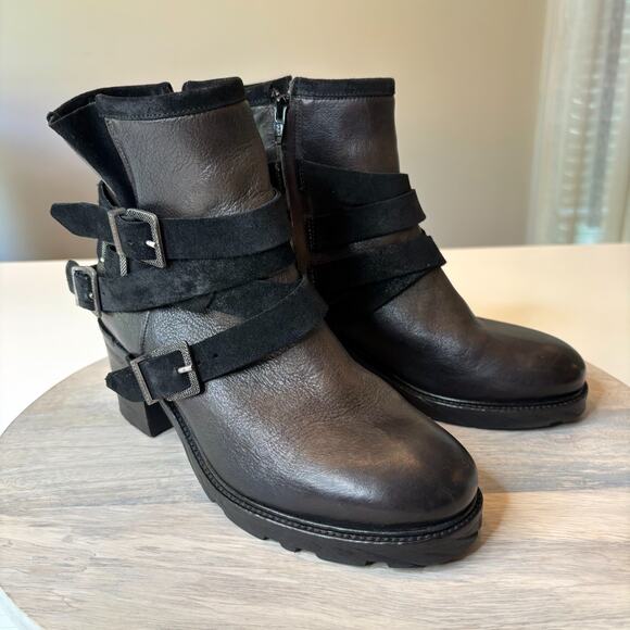FreeBird by Steven Bond Black Leather Buckle Ankle Moto Boots EU Sz 38 US Size 9 - Picture 2 of 10